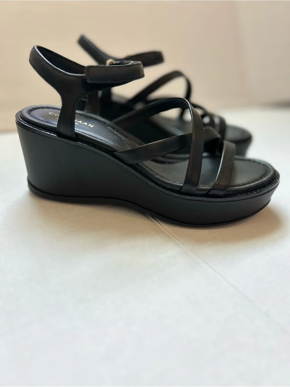 Cole Haan Grand Ambition Azzura Strappy Wedge Sandals in Black Leather